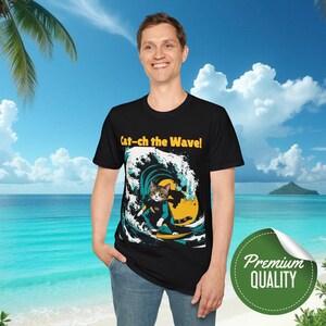Catch the Wave Cat Surfing T-Shirt | Fun Cat Shirt, Cute Pet Gift, Beachwear, Summer Vibes, Animal Lover T-Shirt