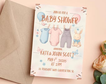 Puede incluir: Una invitación a un baby shower con un diseño de acuarela. La invitación presenta un tendedero con ropa de bebé, globos y un conejito de peluche. El texto dice "Join us for a Baby Shower" y honra a Kate & John Scott.