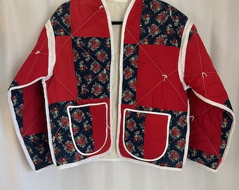 Upcycled jacket from a vintage quilt. Red, White, and Blue one-of-a-kind jacket. 100% cotton and ready to ship!