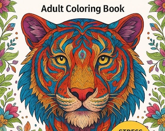 Könnte beinhalten: Ein Malbuch mit dem Titel 100 Amazing Animals Adult Coloring Book, das eine Tigerillustration mit komplexen Mustern in Rot, Orange und Blau zeigt. Das Cover enthält ein gelbes kreisförmiges Abzeichen mit dem Text STRESS RELIEVING MANDALA DESIGNS.