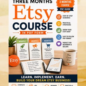 May include: A digital marketing guide titled Complete Step-by-Step Three Months Etsy Course in PDF Form. The graphic features three spiral-bound planners labeled Month 1, Month 2, and Month 3, a notebook with a pen, a smartphone, and a coffee mug.