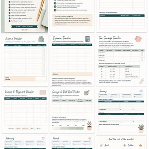 May include: A multi-page digital budget planner for freelancers featuring sections for income, expenses, tax savings, invoices, and debt goals. The pages include tables, checklists, and monthly tracking sheets with a clean layout and small plant icons.