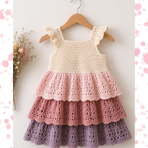 May include: A handmade crochet dress in cream, pink, and purple hues, hanging on a wooden hanger. The dress features a tiered skirt and ruffled sleeves, showcasing intricate openwork patterns. A bouquet of dried flowers is to the left.