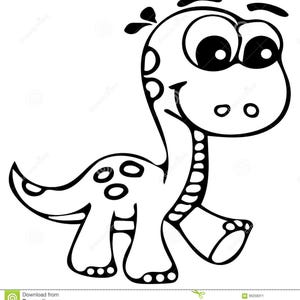May include: A black and white cartoon illustration of a friendly dinosaur. The dinosaur has large eyes, a long neck, and spots on its body. It is smiling and appears to be walking.