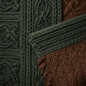 Op de afbeelding: Close-up van drie gebreide textielsoorten in groen- en bruintinten. De groene textielsoorten hebben kabelbrei- en ribpatronen. De bruine textielsoort heeft een gefranjerde rand en een textuurrijk breiwerk. De afbeelding toont de textuur en kleurvariaties.