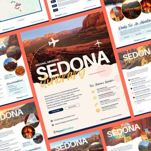 Op de afbeelding: Een reisroute voor Sedona, Arizona, met rode rotsformaties en wandelpaden. Het ontwerp bevat de tekst "Sedona Itinerary" met vliegtuigafbeeldingen en een kaart. De route omvat een 5-daagse avontuurlijke reis en andere activiteiten.