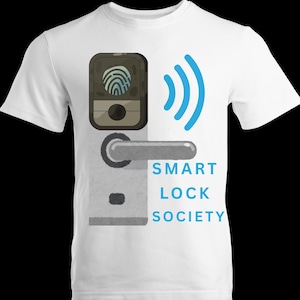 May include: A white t-shirt featuring a graphic of a gray smart door lock with a fingerprint scanner icon and blue signal waves. The text SMART LOCK SOCIETY is printed in blue letters next to the lock mechanism on the front of the garment.