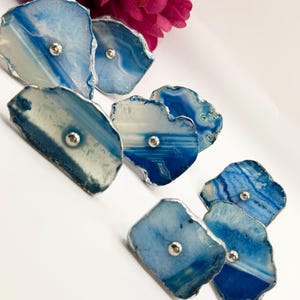 Blue Agate Slice Cabinet Knobs | Silver Edge Crystal Drawer Pulls, Boho Decor