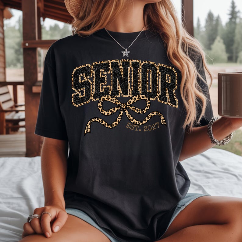 Senior 2027 Shirt Women,Leopard Bow Varsity Senior Est 2027 Tee, Class of 2027 Graduation Gift, Cute Senior Year Shirt for Her image 4