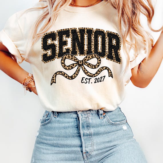 Senior 2027 Shirt Women,Leopard Bow Varsity Senior Est 2027 Tee, Class of 2027 Graduation Gift, Cute Senior Year Shirt for Her