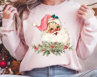 Retro Pink Santa Christmas Sweatshirt: Vintage Holiday Crewneck