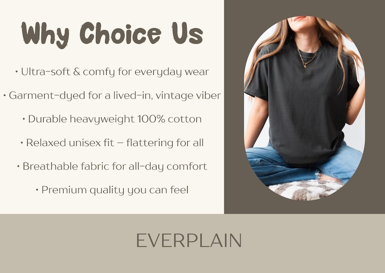 Puede incluir: Una camiseta gris oscuro con el texto "Why Choice Us" y vi&ntilde;etas que describen las caracter&iacute;sticas de la camiseta. La camiseta la lleva una persona con vaqueros azules. La marca "EVERPLAIN" est&aacute; en la parte inferior.