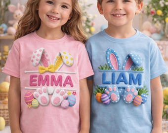 Gepersonaliseerde paashaasshirt voor kinderen, aangepaste naam peutert-shirt, shirt met namaakgehaakte konijnenoren, paasoutfit voor jongens meisjes, PRINTONTWERP