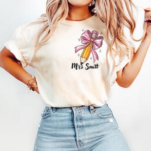 Custom Teacher Coquette Bow T-shirt, Custom Teacher Name Shirt, Teacher Appreciation Gift, Cute Teacher Shirt, Back To School