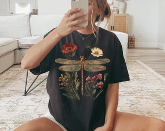Comfort Colors Dragonfly T-Shirt, Boho Floral Garden Tee, Nature Aesthetic Shirt