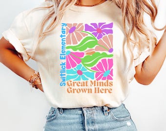 Custom School Name Retro Floral Comfort Colors Teacher Shirt