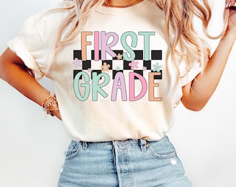 Retro First Grade Teacher Shirt: Comfort Colors Cotton Tee