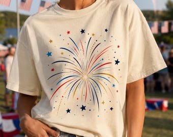 Firework USA 4th of July Shirt, Patriotic Comfort Color Tee, Independence Day Gift, Red White Blue American Shirt, Fireworks Summer Top