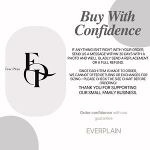 Puede incluir: Fondo blanco con el texto "Buy With Confidence" en una fuente estilizada. Debajo, texto que detalla una garant&iacute;a de reemplazo o reembolso dentro de los 30 d&iacute;as. Tambi&eacute;n es visible el logotipo de Everplain.