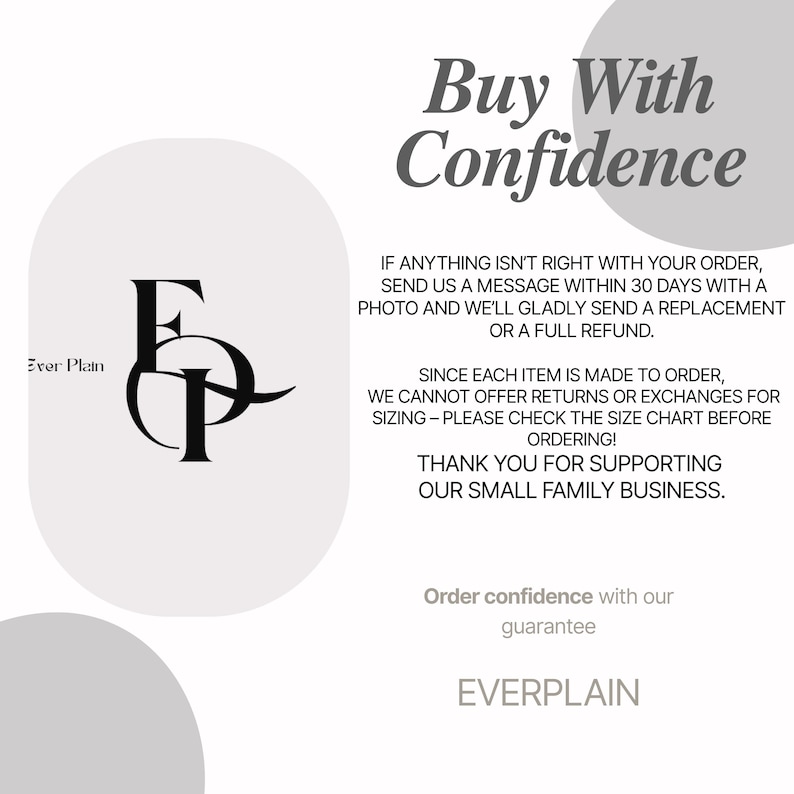 Puede incluir: Fondo blanco con el texto "Buy With Confidence" en una fuente estilizada. Debajo, texto que detalla una garant&iacute;a de reemplazo o reembolso dentro de los 30 d&iacute;as. Tambi&eacute;n es visible el logotipo de Everplain.