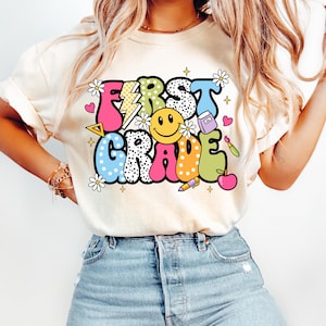 Comfort Colors First Grade Teacher Shirt: Smile Face Back to School Tee
