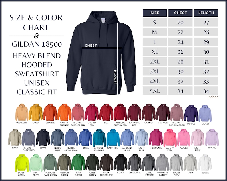 Puede incluir: Una sudadera con capucha Gildan 18500 Heavy Blend azul marino. La imagen incluye una tabla de tallas y colores con varios colores y tallas de la S a la 5XL. La tabla tambi&eacute;n muestra las medidas de pecho y largo en pulgadas.