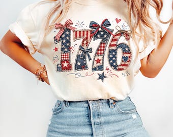 1776 Coquette Bow Comfort Colors Shirt, Patriotic 4th of July Tee, Preppy USA Flag Shirt, Independence Day Gift, America 1776 Top