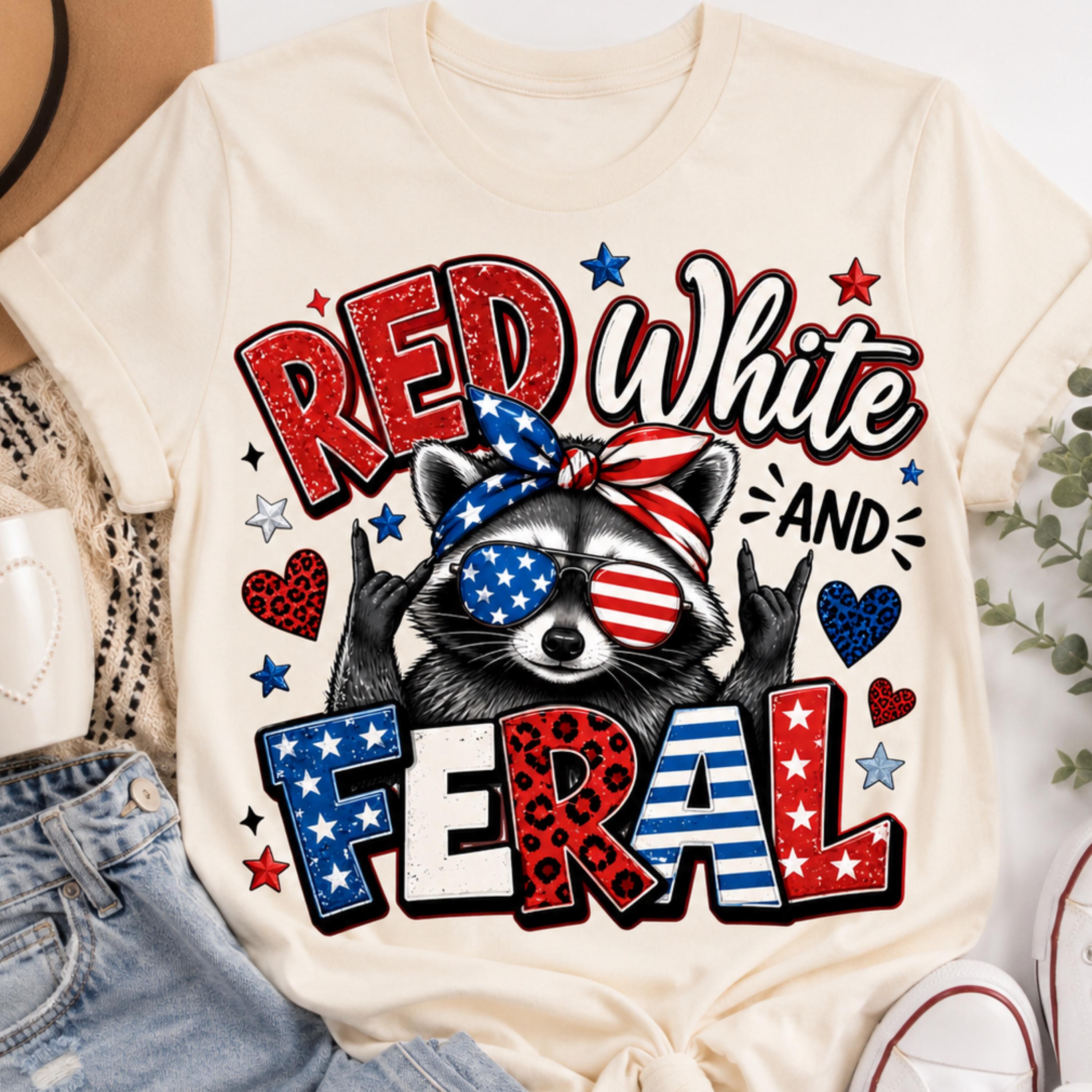 Rot, weiß und wildes Waschbär-T-Shirt, lustiges 4