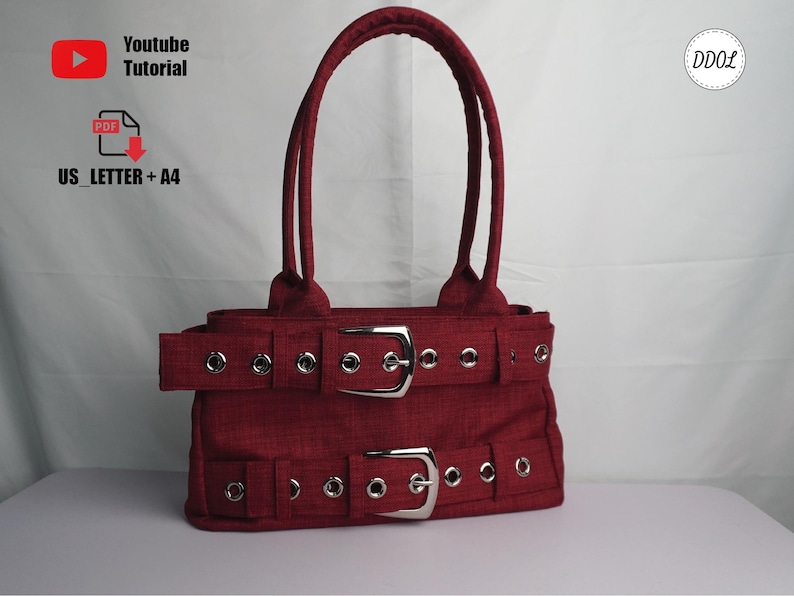May include: A burgundy handbag with two silver buckles and matching grommets. The bag has two handles and a rectangular shape. The text "Youtube Tutorial" and "US_LETTER + A4" are visible in the image.
