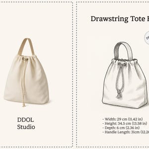May include: Cream-coloured drawstring tote bag with a beige handle and drawstring closure. The bag is 29 cm wide, 34.5 cm high, and 6 cm deep. The handle length is 31 cm. The text "Drawstring Tote Bag" and "DDOL Studio" are visible.