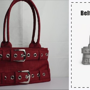 May include: A burgundy handbag with silver buckles and grommets. The bag has two top handles and a rectangular shape with a belt-like design. The text "Beltline Bag" is visible in the image.
