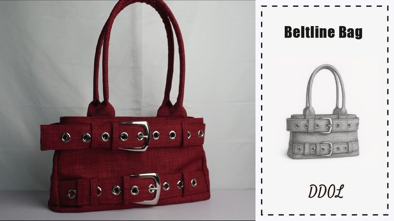 May include: A burgundy handbag with silver buckles and grommets. The bag has two top handles and a rectangular shape with a belt-like design. The text "Beltline Bag" is visible in the image.