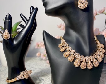 Teardrop CZ Jewelry Set | Gold Finish Necklace, Bracelet, Ring & Earrings