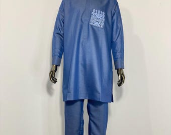 2-Piece African Suit | Cornflower Blue Kaftan & Trousers Set with Geometric Embroidery | Black Cuff Links | Dashiki set