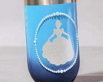 Princess Inspired Glitter Tumbler – Blue Ombre Stainless Steel Cup – Fairytale Pearl Tumbler – Custom Sparkle Travel Cup Gift