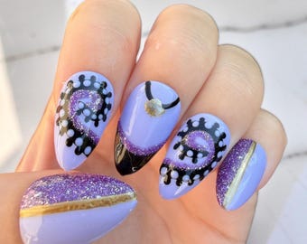 Ursula Inspired Press On Nails | Purple Sea Witch Nails | Villain Inspired Glitter Nails | Handmade Reusable Fantasy Press Ons