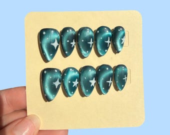 Teal Cat Eye Star Press On Nails – Shimmer Galaxy Almond Set – Handmade Celestial Nails