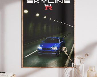 Vintage issan r34 GTR Poster Autodruck, Kunst, Geburtstag, Wanddruck, Retro Wanddekor, Geschenk, 90er Jahre, Digital Download Druck