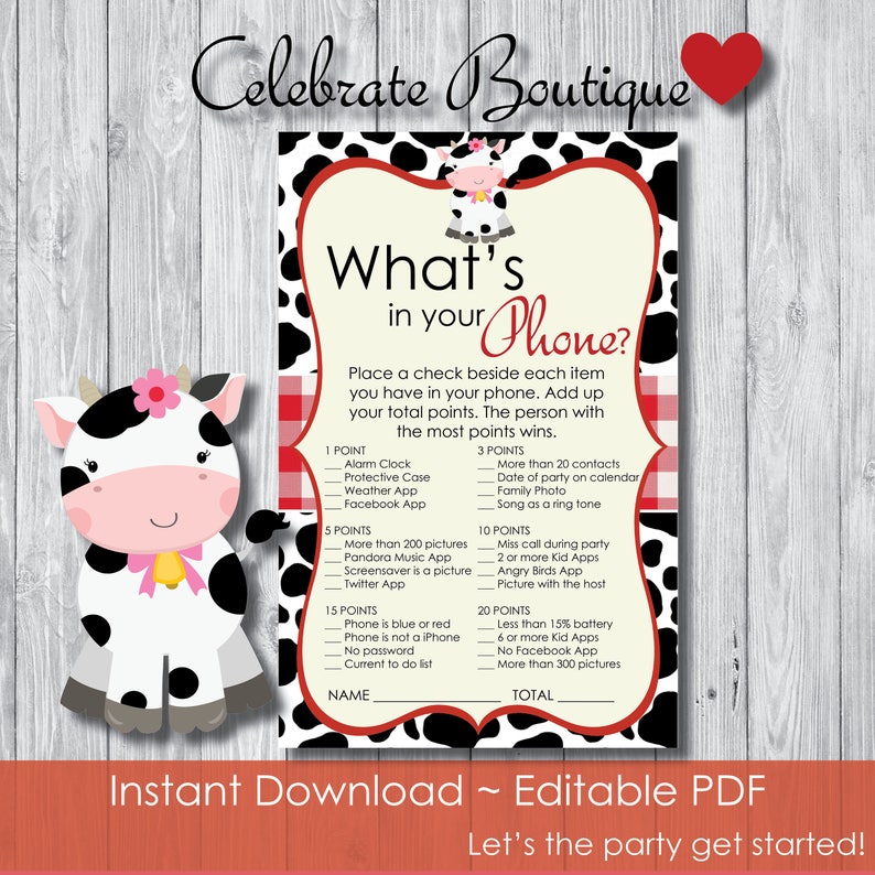 Cow Baby Shower What S In Your Phone Game Birthday Party Instant Download Farm Theme Cow Phone Game Animal Party Printable Cow Cards 0024 Party Games Paper Party Supplies 330 Co Il