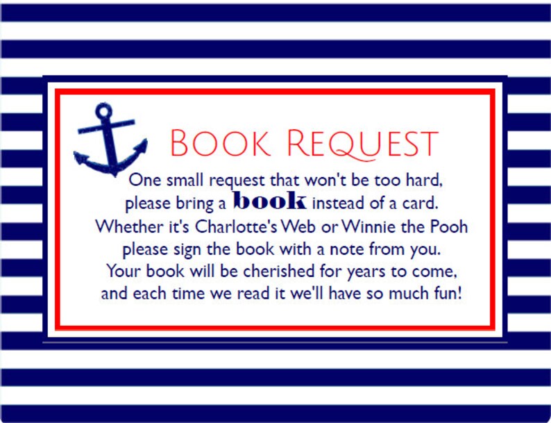 For the Library of Bookplates Red Navy Blue Anchor Boy /& Girl BS360 Nautical Book Request Baby Shower ~ Instant Download Book Request Cards