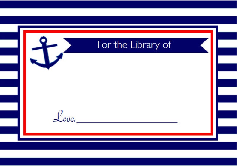 For the Library of Bookplates Red Navy Blue Anchor Boy /& Girl BS360 Nautical Book Request Baby Shower ~ Instant Download Book Request Cards