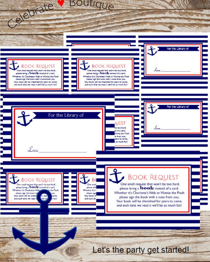 For the Library of Bookplates Red Navy Blue Anchor Boy /& Girl BS360 Nautical Book Request Baby Shower ~ Instant Download Book Request Cards
