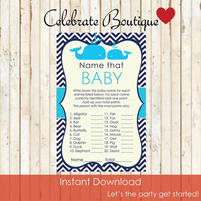 Baby Whale Shower Instant Download Name that Baby Game Baby Shower Nautical Theme Baby Blue Whale Party Printable Whale Cards 0025
