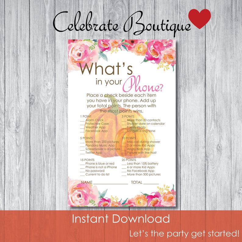 Watercolor Pumpkin Bridal Shower What/'s in your Phone Game Baby Shower Party Instant Download Pumpkin Theme Printable Game Fall in Love 0036
