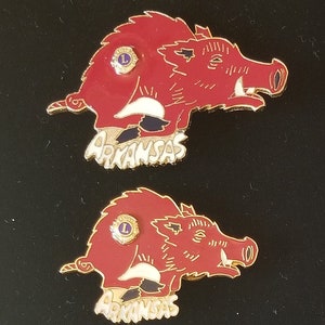 Vintage EUC Arkansas Lions Clubs International Razorback Hog Red Enamel Pin Badge Skiing Denver Cardinals Baseball Sunrise Journey For Sight