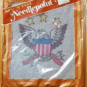 Vintage New NIP Sew N Tell Patriot Needlepoint Kit Fife Drum Bugle Betsy Ross American Flag 13 Colonies Canon Balls Eagle Shield Uncle Sam