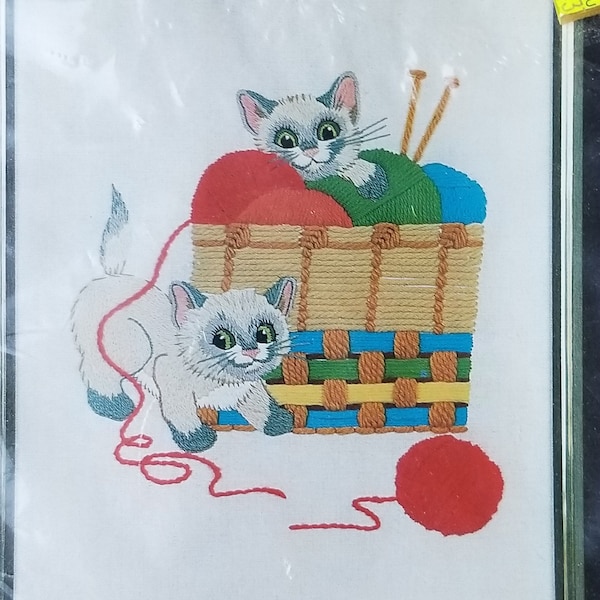 Vintage New NIP Sultana Frolic Crewel Embroidery Kit 32148 Siamese Cat Lover Kittens Wool Yarn Balls Wicker Woven Basket Knitting Needles