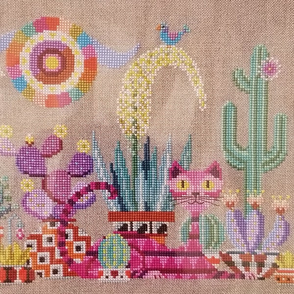 New NIP Satsuma Street Cactus Cat Kitten Saguaro Yucca Prickly Pear Blue Bird Aztec Sun Mexican Pottery Desert Scene Pastel Colors Jody Rice