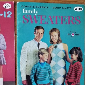 May include: Three vintage Coats & Clark's pattern books. The covers feature images of children's knit and crochet projects, family sweaters, and new fashion knit designs. The books have a retro aesthetic with bright colors and stylized illustrations.