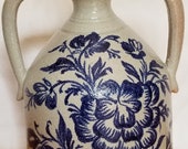 Vintage EUC Salt Glaze Pottery Stoneware Crock Double Handle Whisky Jug Ginger Jar Table Electric Lamp Blue Floral Chrysanthemum Numbered